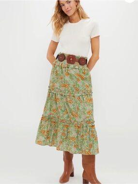 Hyacinth House (Tuckernuck) Floral Tiered Skirt in Green and Orange
